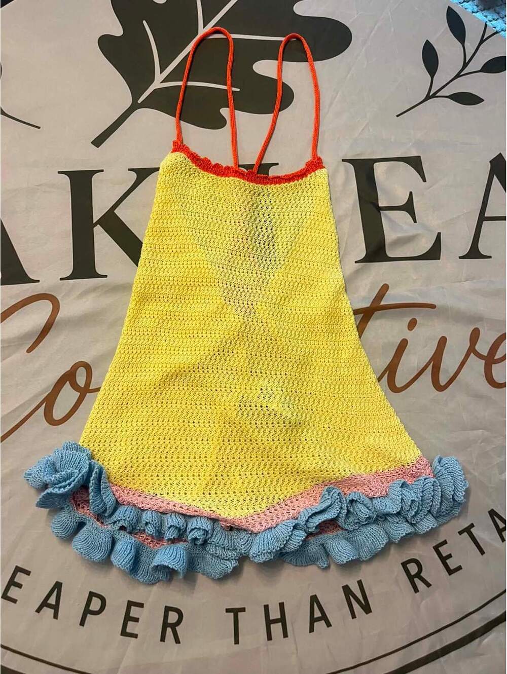 SHEIN Yellow Crochet Ruffle Trim Mini Dress with Orange Straps